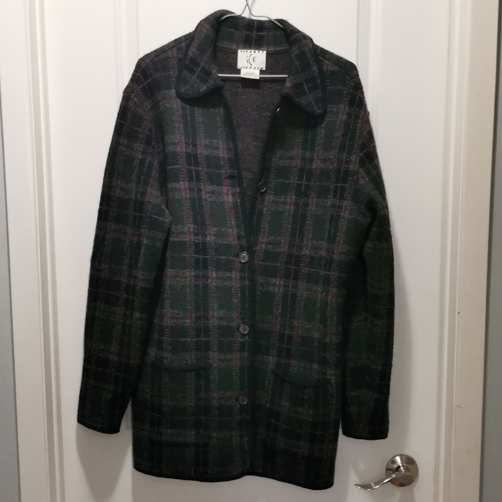 Ice Vintage 100% wool Plaid‎ Sweater Jacket in Green and Black